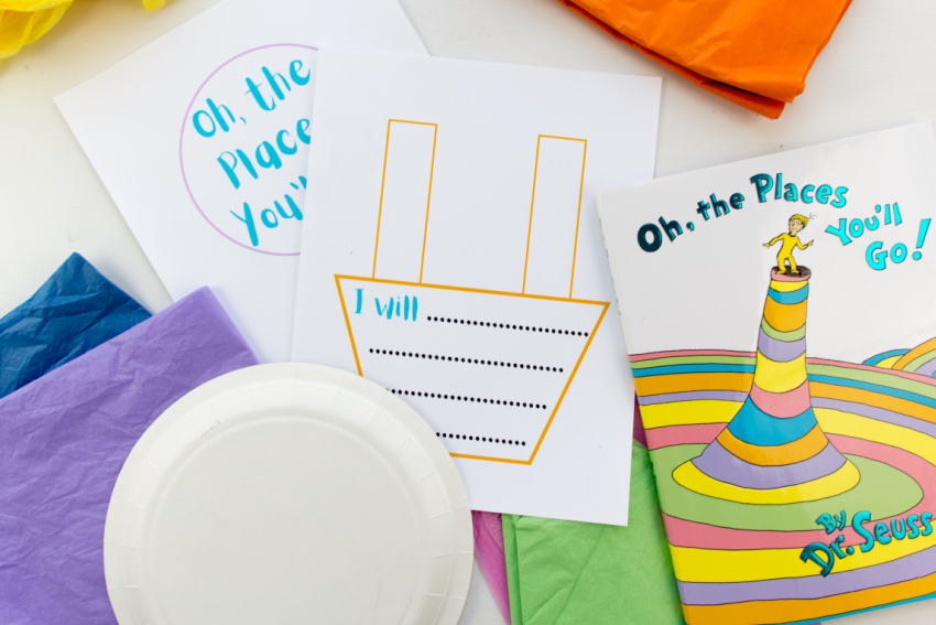 you will need a paper plate, tissue paper, and our free printable to make a oh the places you'll go hot air balloon