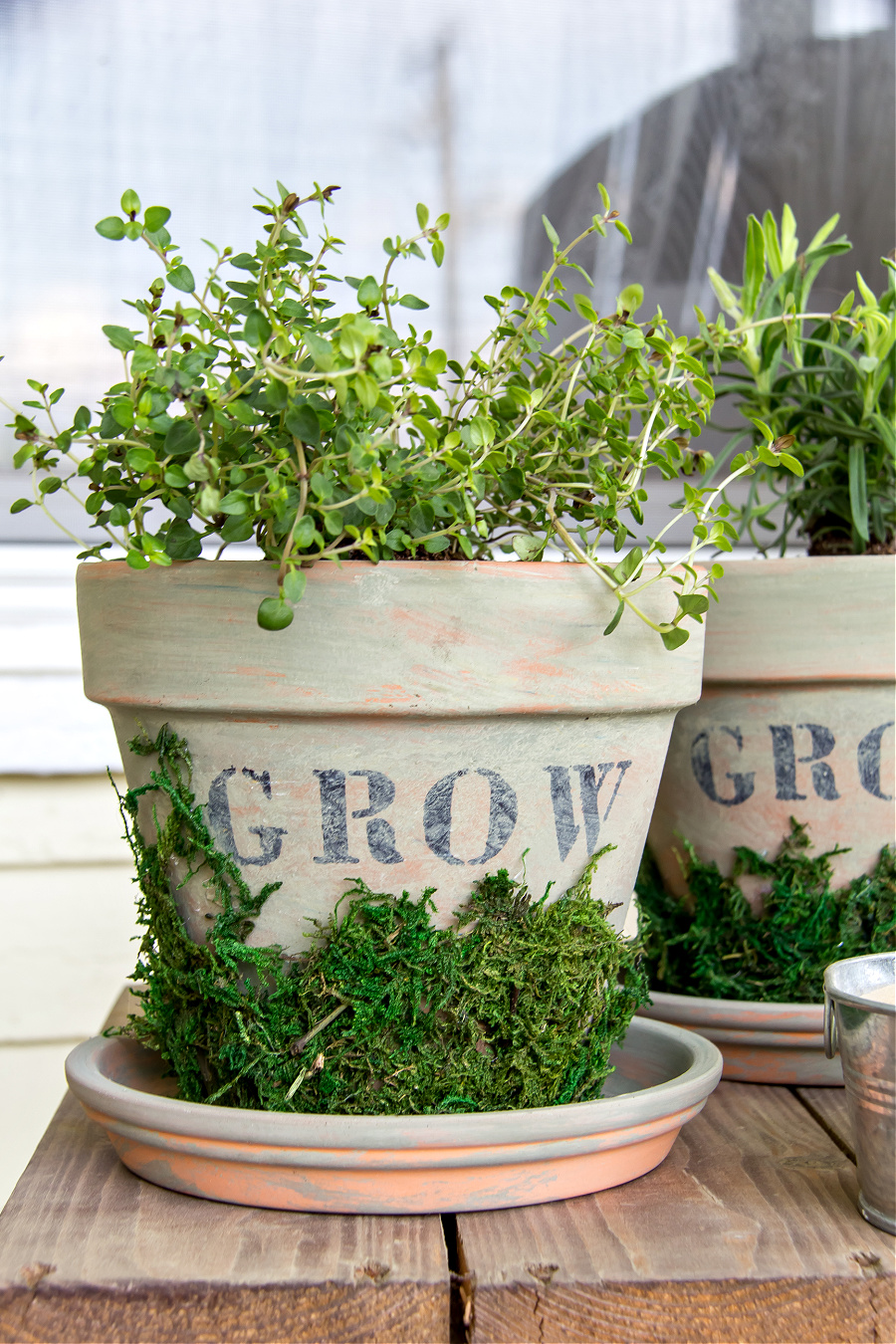 a terracotta pot painted with milk paint and craft moss glued to it