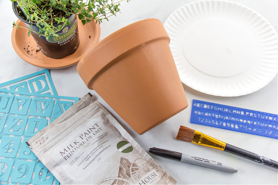 supplies to paint a terracotta pot with milk paint