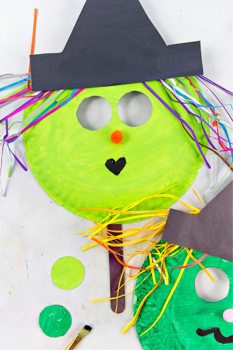 Make a Bright and Colorful Paper Plate Witch Mask - Make and Takes