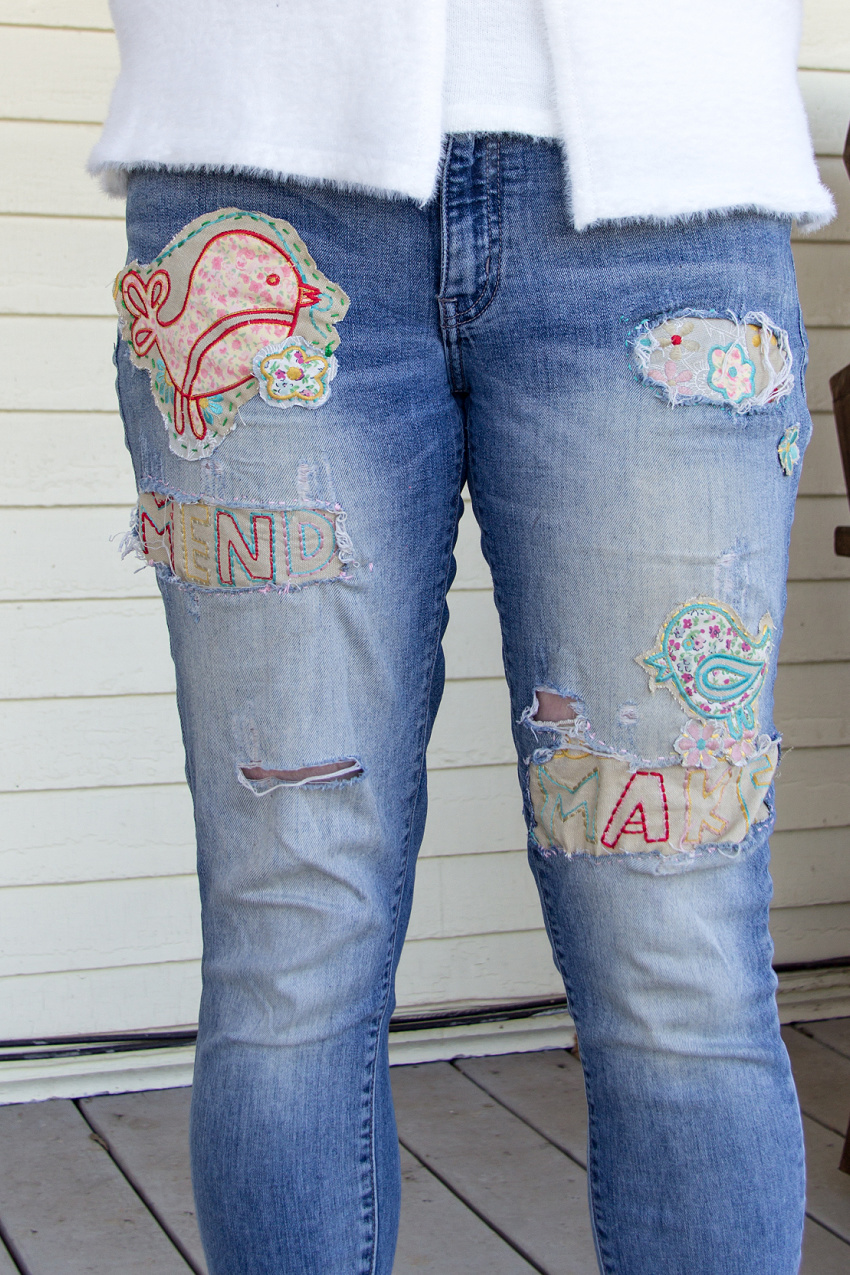 patching womens jeans with applique