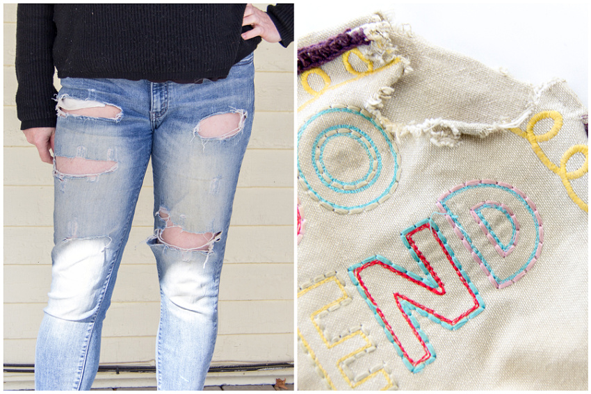 womens jeans patched with applique on a cushion cover