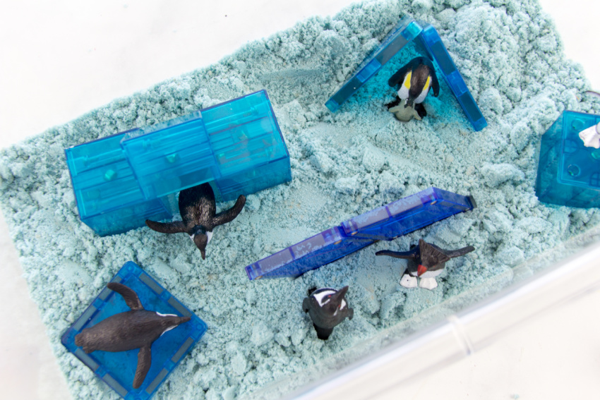 penguin habitat activity for preschoolers using magnetic blocks and sand