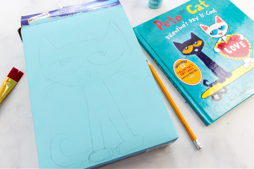 pete the cat sketched onto a cereal box for valentines day