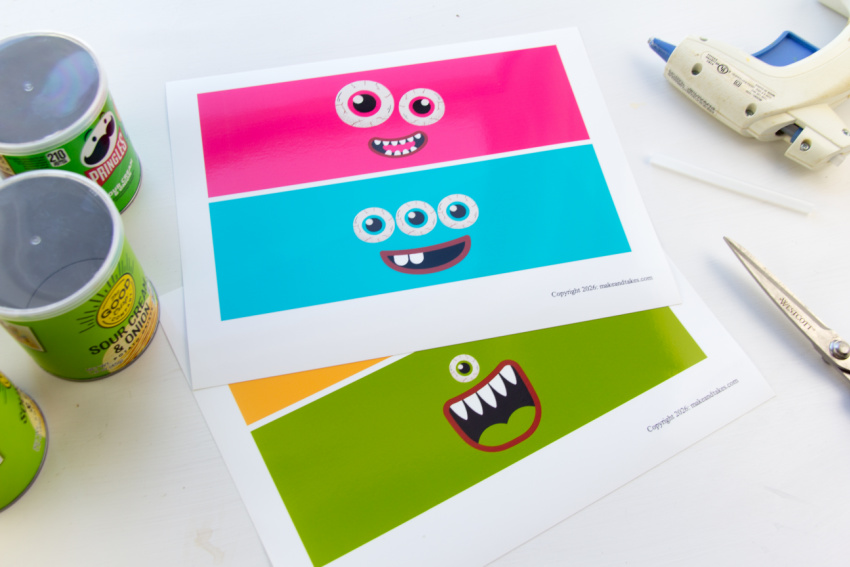 printable brightly colored monster wrappers to put around Pringles containers