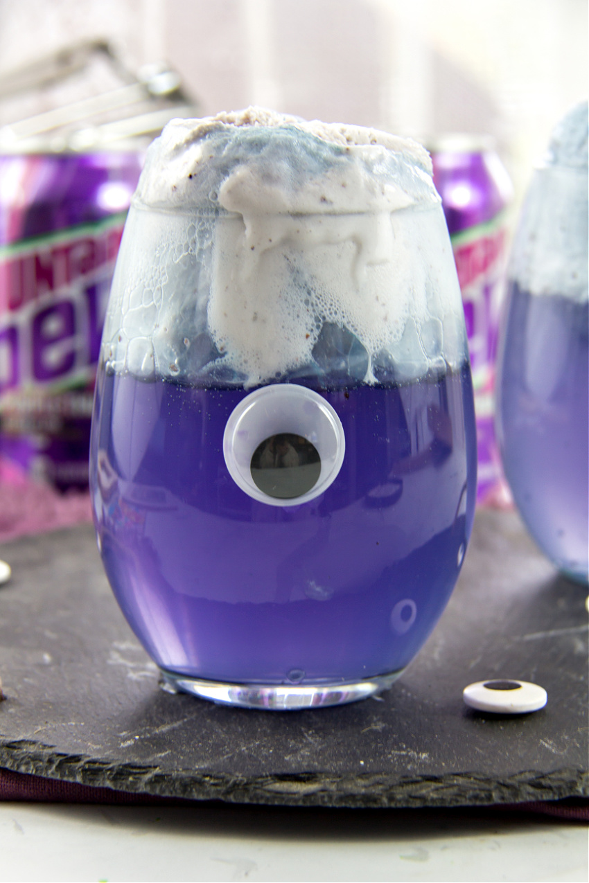 purple people eater drink with purple mountain dew purple thunder soda, and huckleberry ice cream.