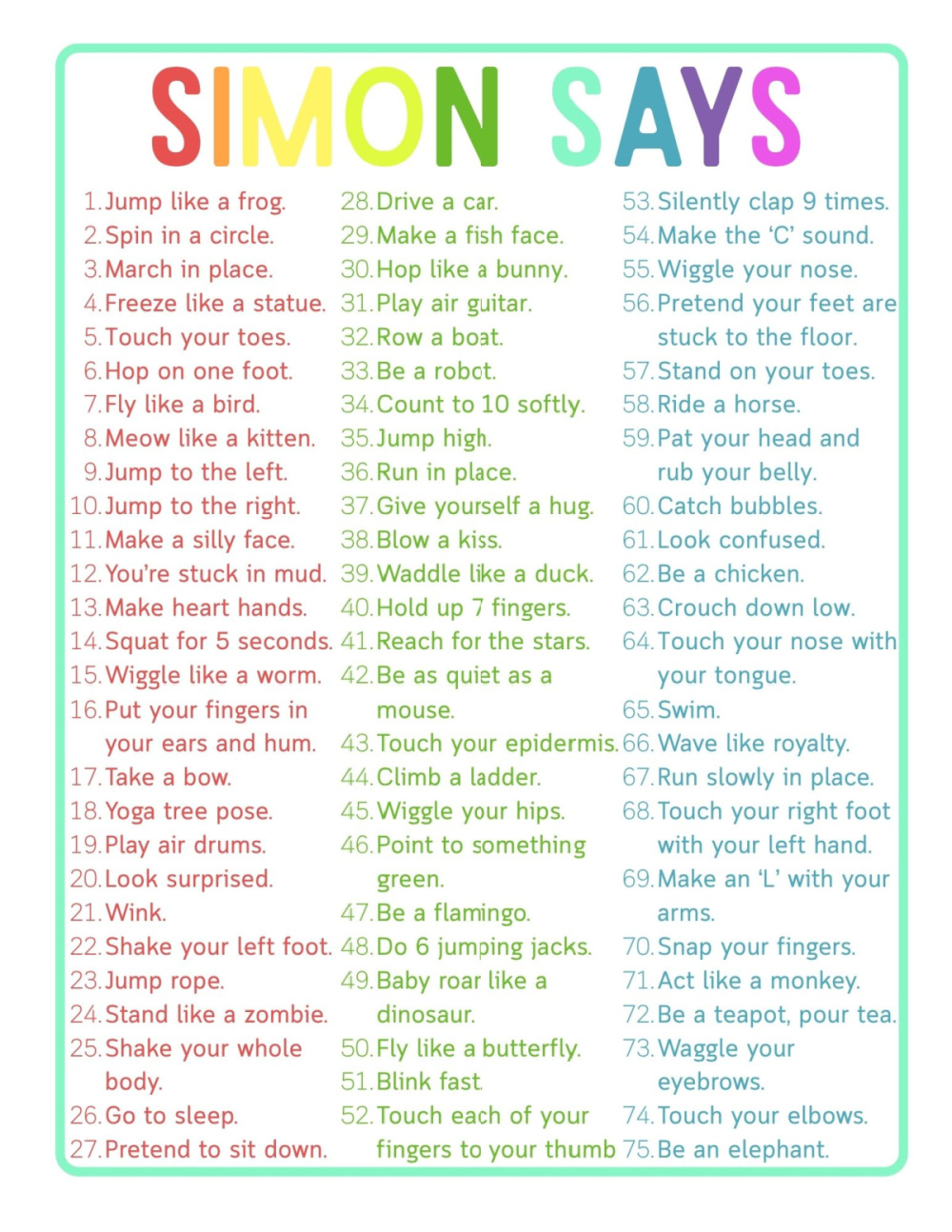 a list of 75 simon says ideas for kids