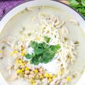 white chicken chili a large pot for serving with cornbread