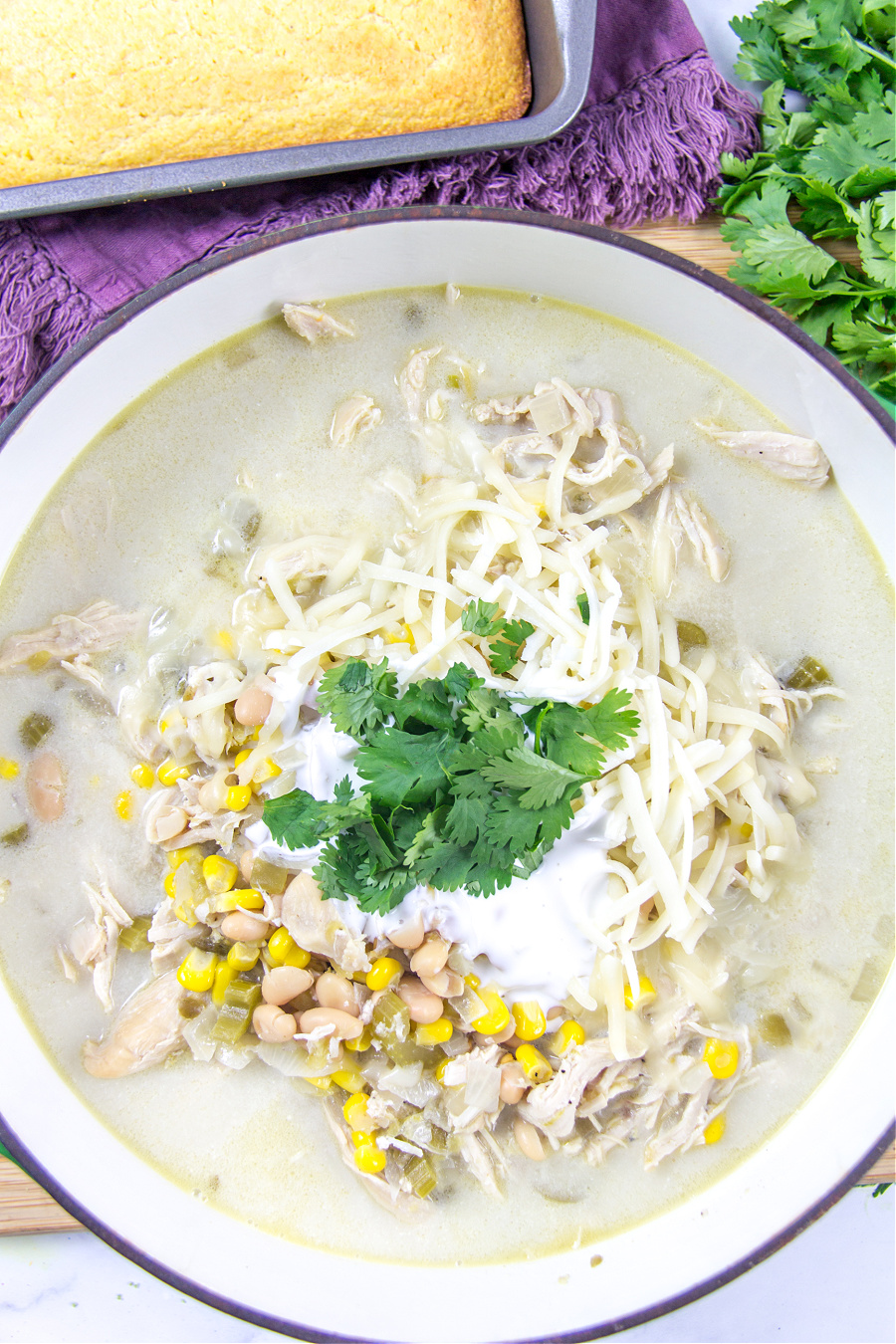 white chicken chili a large pot for serving with cornbread