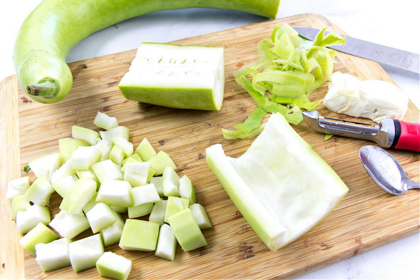 cucuzza squash being diced