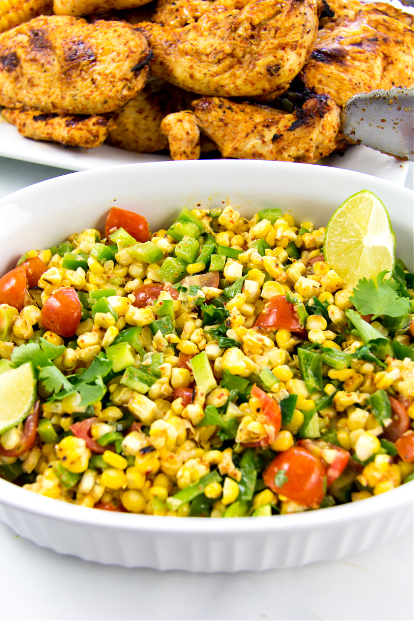 street corn salad recipe served with grilled chicken