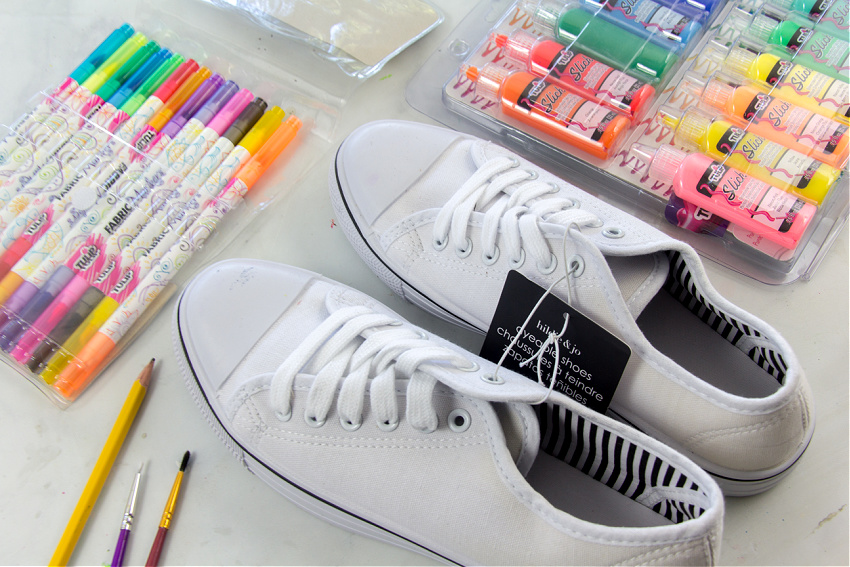 white canvas shoes, fabric paint, and fabric markers for diy painted shoes