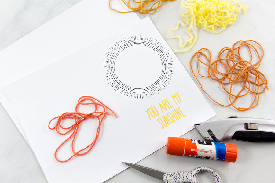 supplies to make a homemade you are my sunshine greeting card including free printable and yarn scraps