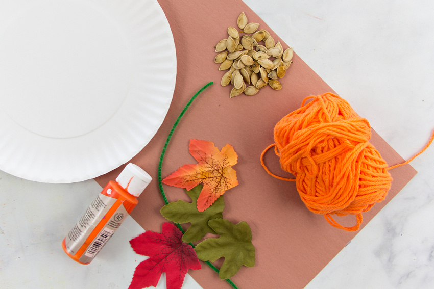 paper plate, pumpkin seeds, yarn, leaves, paper, paint, and pipecleaners to make a paper plate pumpkin craft