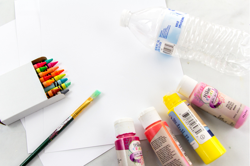 paint, card stock, plastic bottle and crayons to make mothers day cards