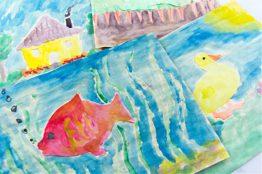 watercolor art for kids of a house, fish, and duck.